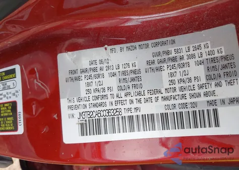 2012 Mazda Cx-9 Touring from USA, damaged, VIN JM3TB2CA6C0363258